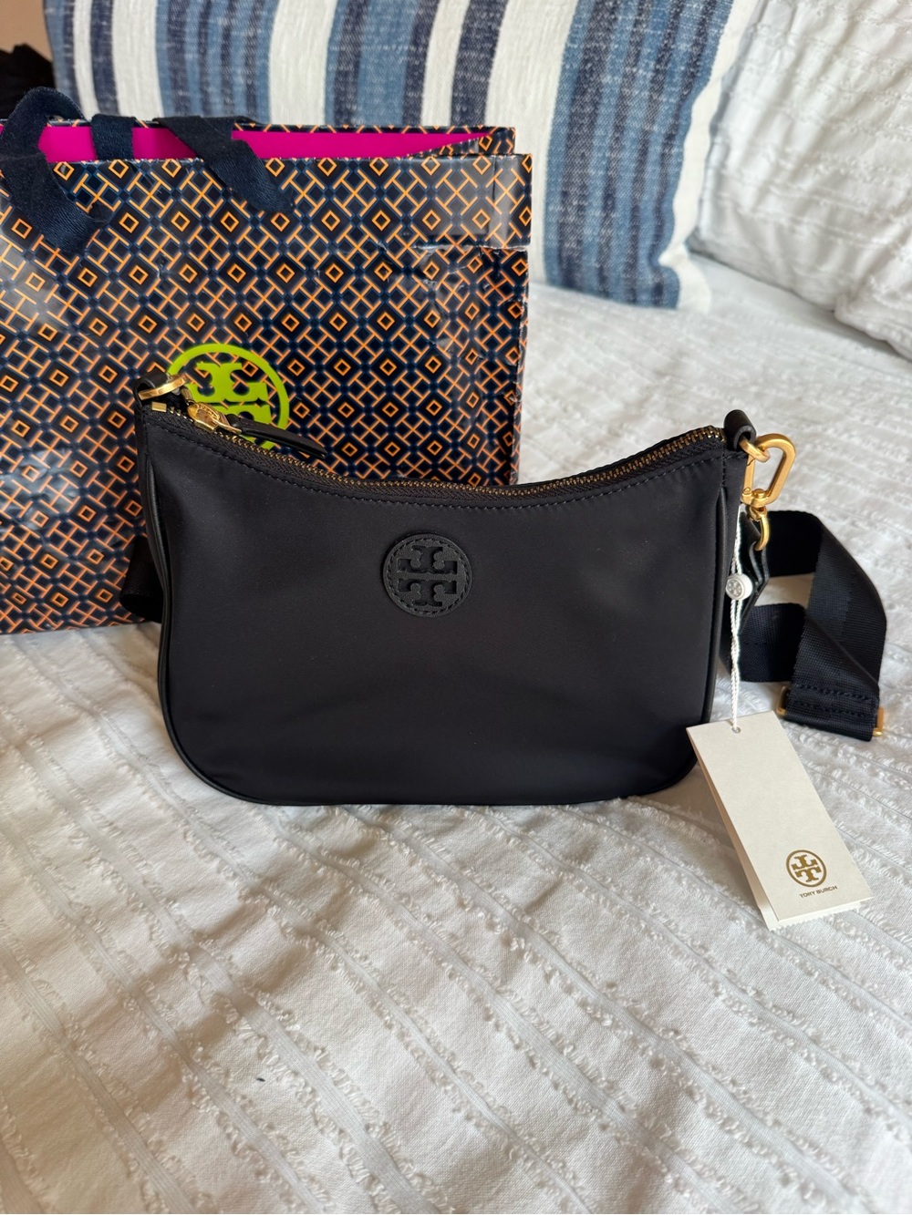 Tory Burch Black Nylon Crossbody with Gold Hardware